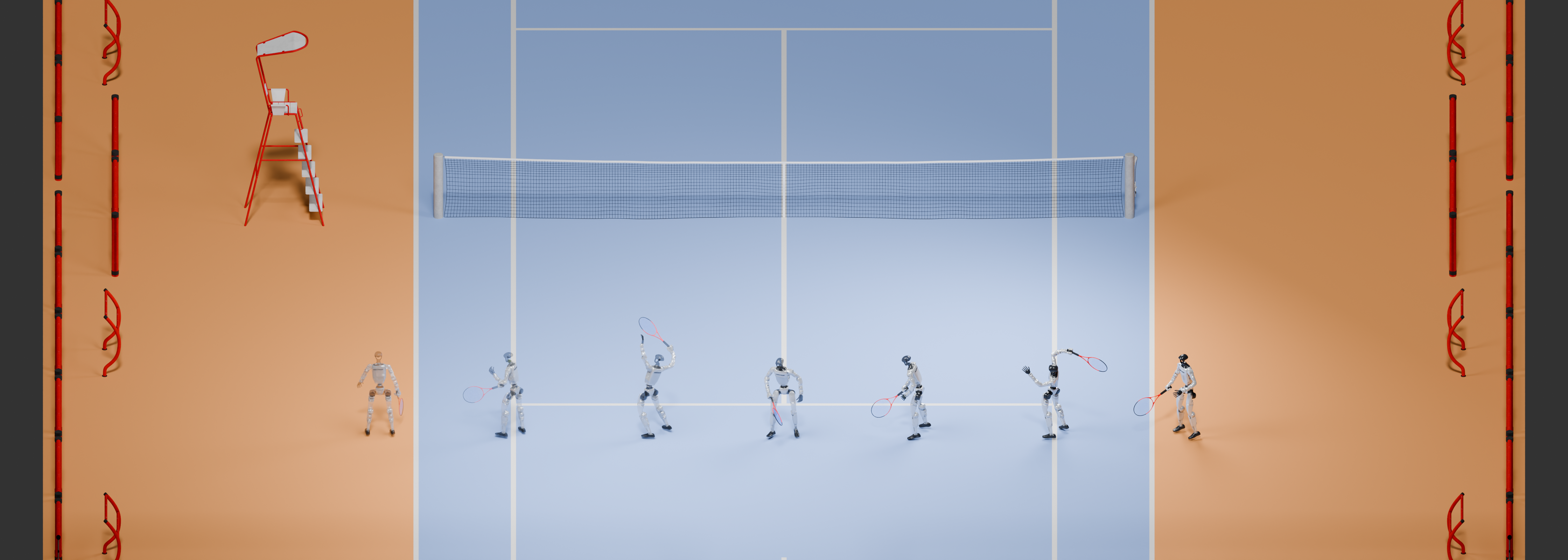 Recorded MimicX tennis motion rendered on court; successive poses arranged from left to right