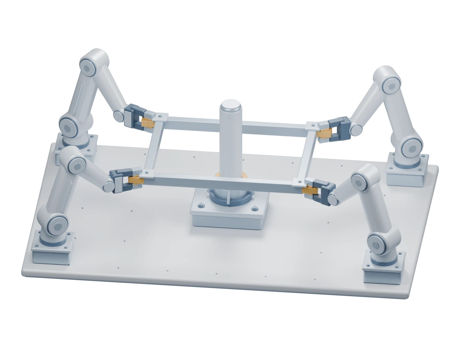 Four articulated robot arms holding a shared frame around a central post